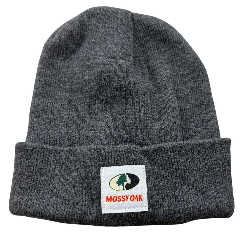 Mossy Oak Beanie Men One Size Gray Cuffed Solid Tree Logo Patch Knit Outdoor